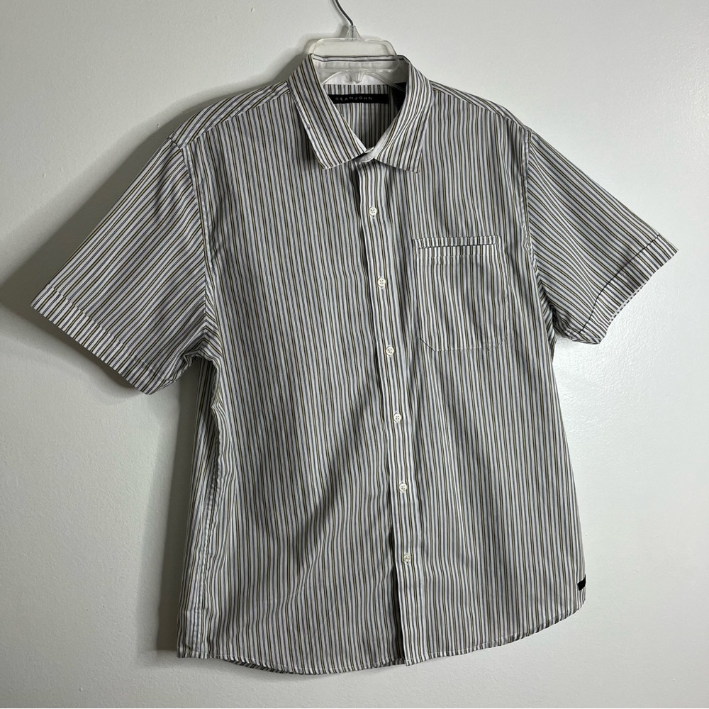 Sean John Men’s striped short sleeve‎ button up office casual dress shirt Size L